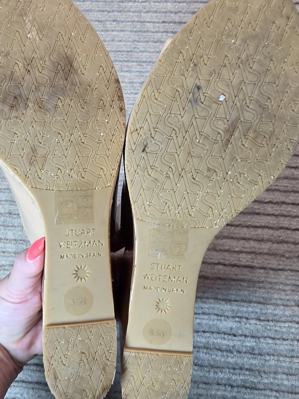 Stuart Weitzman peep toe wedge heels nude shiny cork, size 8.5, 3.5